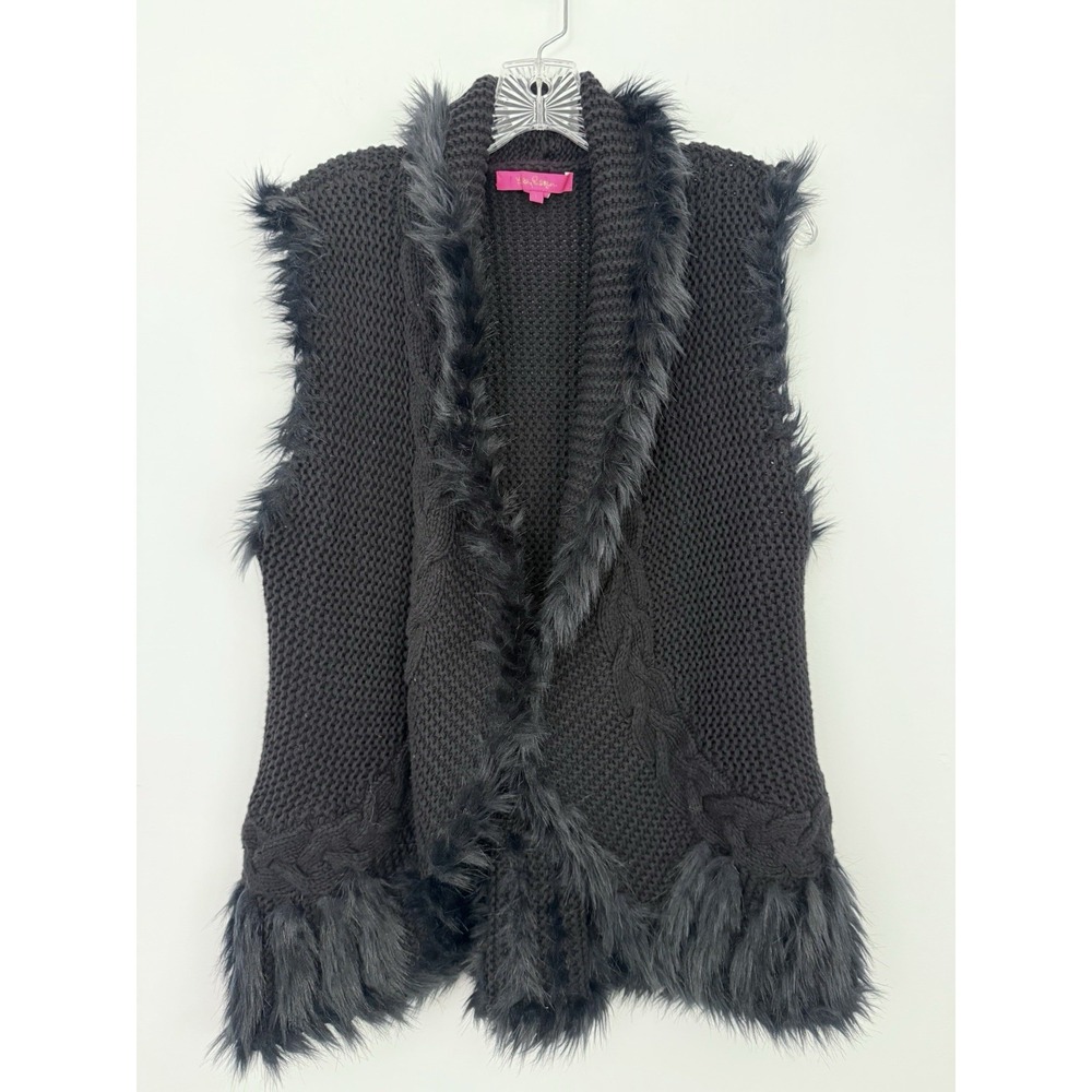 LILLY PULITZER Torini Black SWEATER VEST Large Faux Fur Trim Cable Knit Chunky
